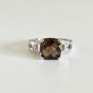 14k White Gold Cushion Cut Smoky Quartz Diamond QCD Signed Designer Ring Size 7